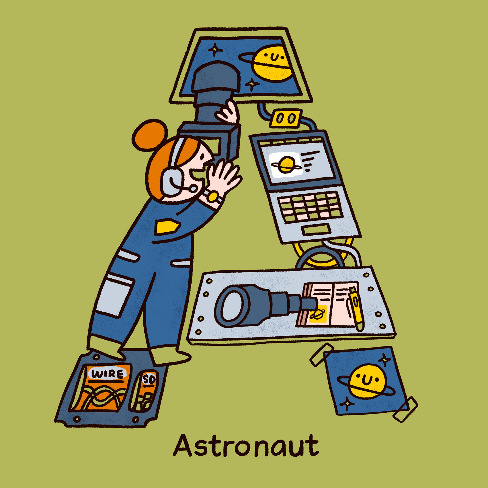 Female astronaut taking pictures of a planet in the space craft